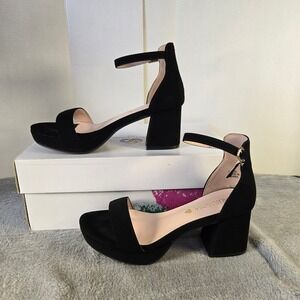 Laurmosa Black Faux Suede Platform Block Heel Ankle Strap Sandals Size 4